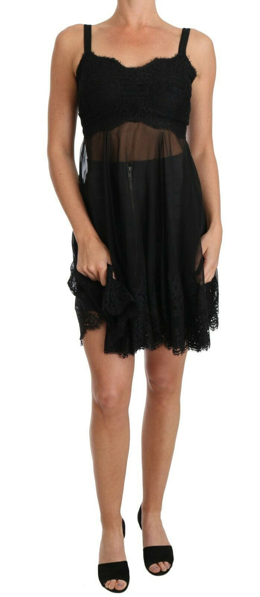 Dolce &amp; Gabbana Elegant Black Silk Floral Lace Chemise Dress