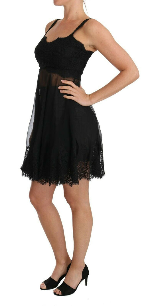 Dolce &amp; Gabbana Elegant Black Silk Floral Lace Chemise Dress