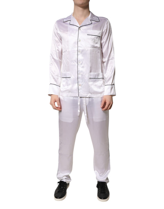 Dolce &amp; Gabbana White Satin Silk Men Pajama Set Sleepwear