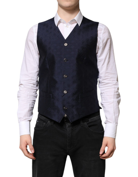 Dolce &amp; Gabbana Dark Blue Logo Wool Formal Men Waistcoat Vest