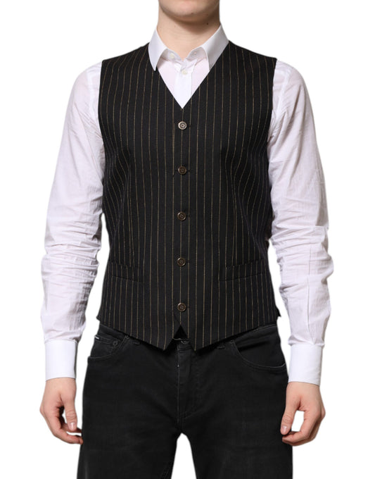 Dolce &amp; Gabbana Black Stripes Wool Formal Men Waistcoat Vest