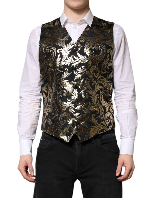 Dolce &amp; Gabbana Black Gold Jacquard Formal Men Waistcoat Vest