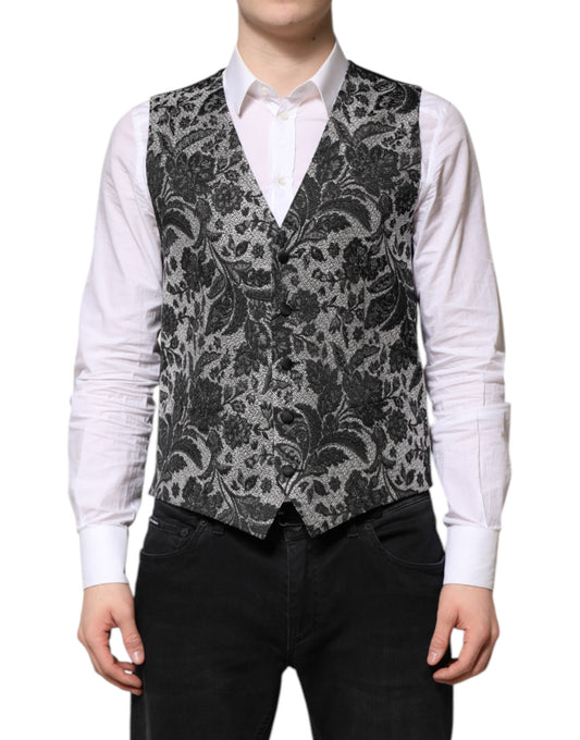 Dolce &amp; Gabbana Black Gray Brocade Formal Men Waistcoat Vest