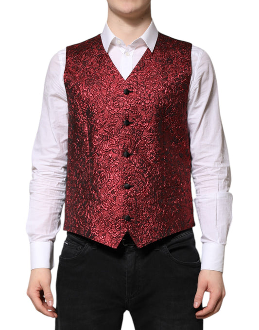 Dolce &amp; Gabbana Red Floral Brocade Formal Men Waistcoat Vest