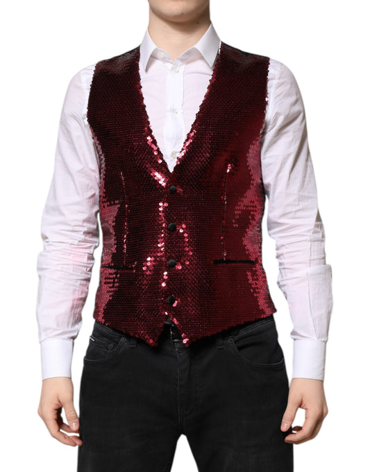 Dolce &amp; Gabbana Red Sequined Dress Formal Men Waistcoat Vest
