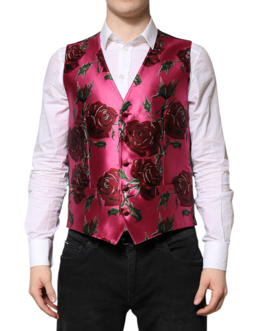Dolce &amp; Gabbana Pink Floral Satin Formal Men Waistcoat Vest