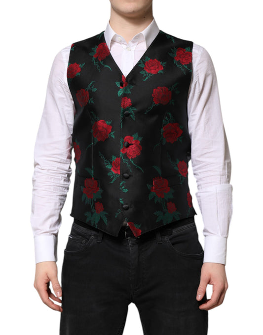 Dolce &amp; Gabbana Red Floral Brocade Formal Men Waistcoat Vest