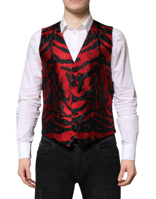 Dolce &amp; Gabbana Red Black Stripe Dress Formal Waistcoat Vest