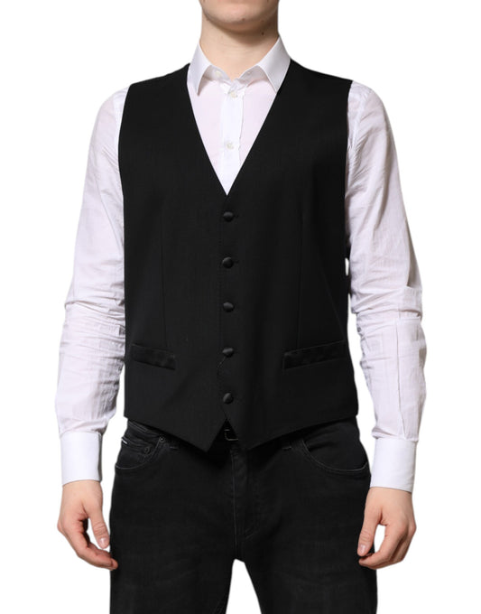 Dolce &amp; Gabbana Black Wool Dress Formal Men Waistcoat Vest